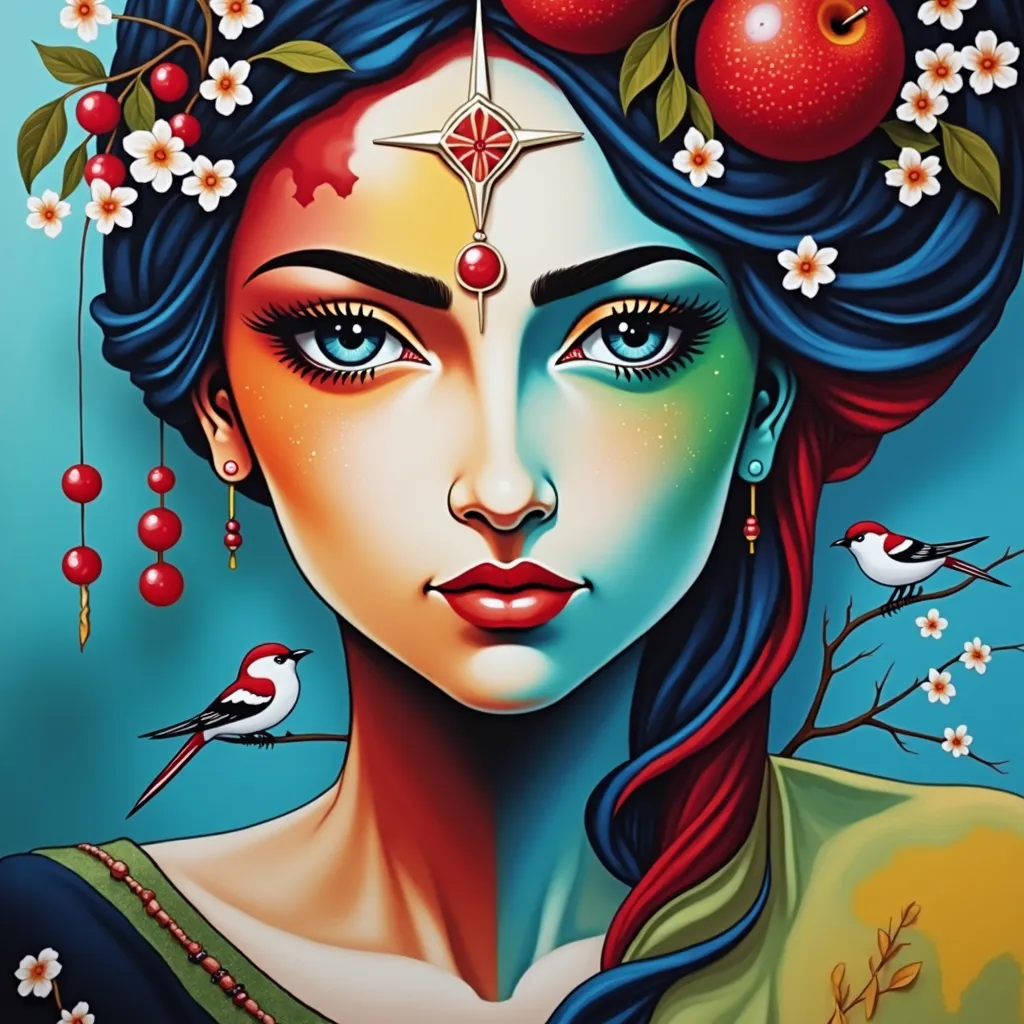 Prompt: a painting of a woman with fruit on her head and birds on her head, with a blue background, Android Jones, cloisonnism, highly detailed digital painting, an airbrush painting