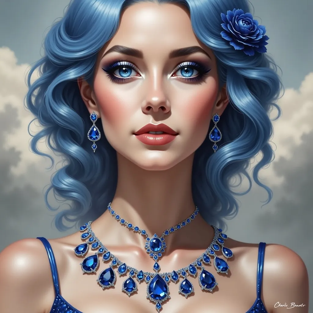 Prompt: a digital painting of a woman with blue hair and sapphire jewelry on her neck .wearing a blue dress, Charlie Bowater, fantasy art, highly detailed digital painting, a detailed painting