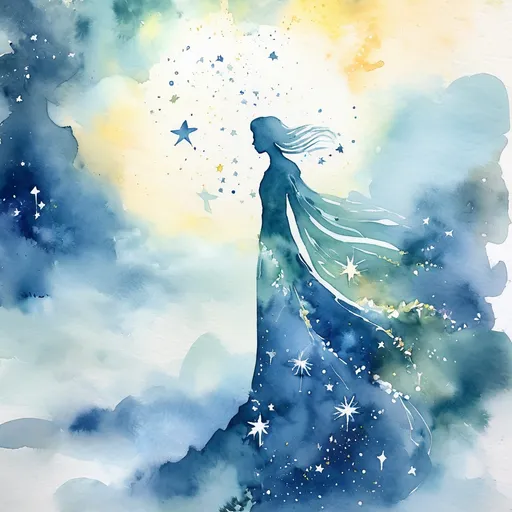 Prompt: Figurative watercolor of a human figure composed of starlight, dreamy and etherial, hopeful and optimistic 