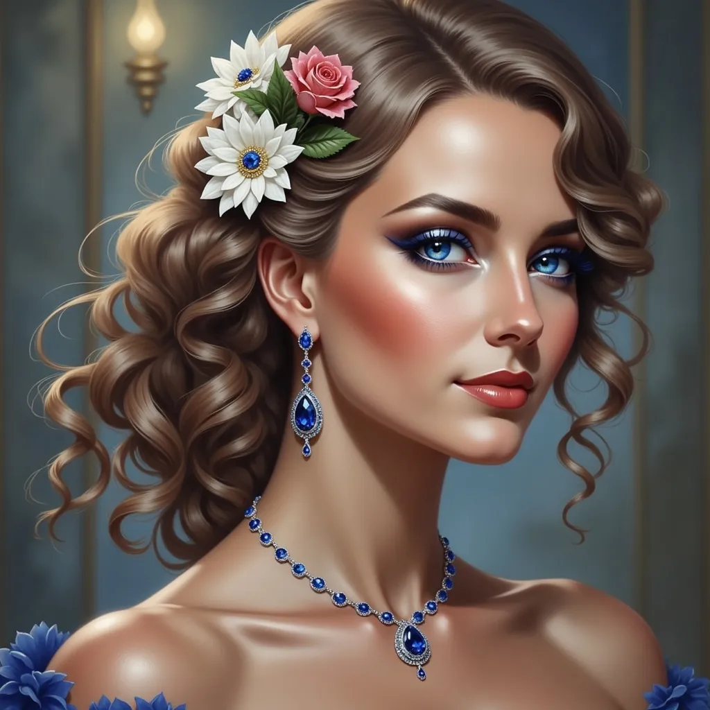 Prompt: a woman with a flower in her hair and a sapphire necklace on her neck , Charlie Bowater, fantasy art, highly detailed digital painting, a detailed painting