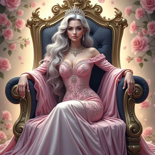 Prompt: Seated regally on an ornate golden throne, a stunning figure in a luxurious pink gown exudes elegance and power. The dress, adorned with intricate floral patterns, hugs her curves and features off-the-shoulder sleeves that emphasize her poised demeanor. Her long, flowing silver hair cascades over her shoulders, while a sparkling crown rests atop her head, completing her royal ensemble. The background, softly illuminated by warm lighting, is decorated with opulent roses and gold accents that enhance the overall atmosphere of grandeur. The scene radiates confidence and sophistication, inviting the viewer into a fairy-tale realm where beauty and authority intertwine.