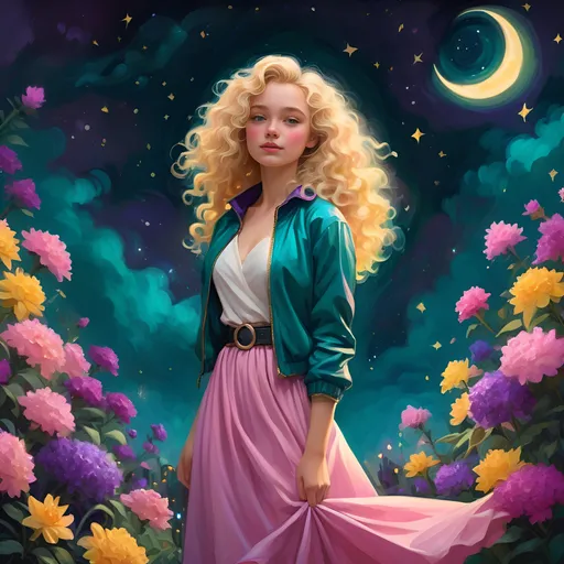 Prompt: Beneath a starry night sky, a young woman stands confidently amidst a lush garden filled with vibrant flowers, including pink, purple, and yellow blooms that glow softly in the magical ambiance. Her curly blonde hair cascades around her shoulders, framed by a striking teal jacket that contrasts beautifully with her flowing white dress cinched at the waist with a delicate belt. The scene captures a whimsical atmosphere, enhanced by twinkling stars and a crescent moon above, suggesting a serene evening setting. The intricate details of her jewelry, including star-shaped earrings, reflect a playful charm, while her expression embodies a mix of strength and grace, inviting a sense of wonder and fantasy. This enchanting tableau evokes a story of beauty and resilience within a dreamlike landscape.