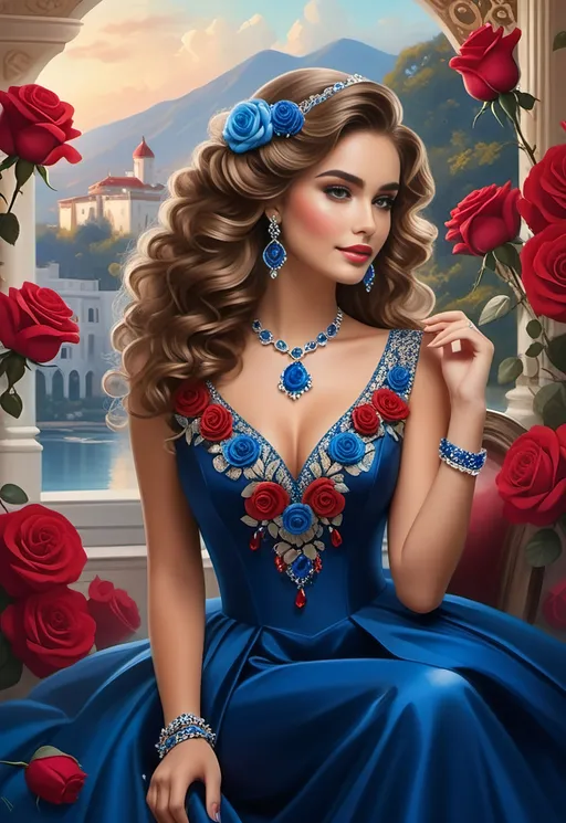 Prompt: Elegantly adorned in a richly colored blue dress embellished with vibrant red and blue roses, a young woman captures attention with her striking beauty. Her luxurious, curly hair, adorned with large red roses, frames her delicate face, highlighting her soft features and charming expression. Beautiful gemstone jewelry, including a necklace adorned with blue roses and sparkling drops, adds a sense of sophistication to her look. The ornate, floral background and intricate detailing create a dreamlike atmosphere, enhancing the overall enchanting mood of the portrait. This artwork evokes a sense of romance and timeless beauty, inviting viewers into a world of grace and elegance.
