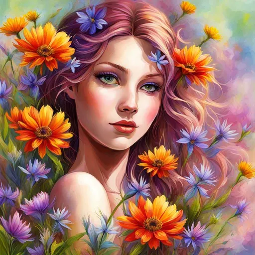 Prompt: a fairy of spring, ,wildflowers, vivid colors,  facial closeup