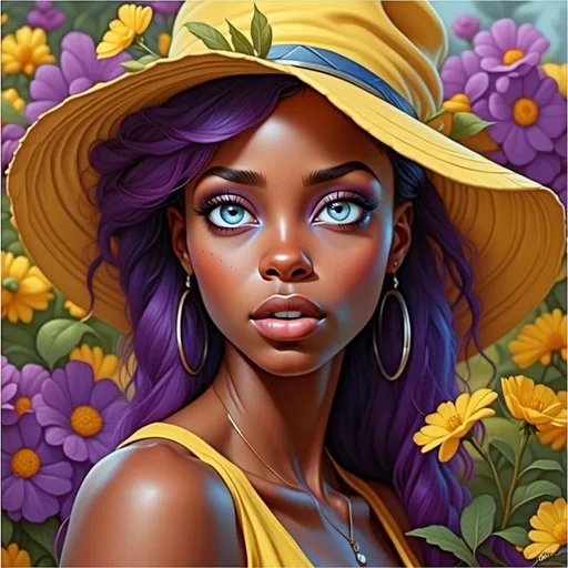 Prompt: <mymodel> a woman with purple hair wearing a yellow hat and yellow dress and yellow flowers in the background, with a blue - eyed girl with purple hair and yellow hat, Edwin Georgi, fantasy art, highly detailed digital painting, a photorealistic painting