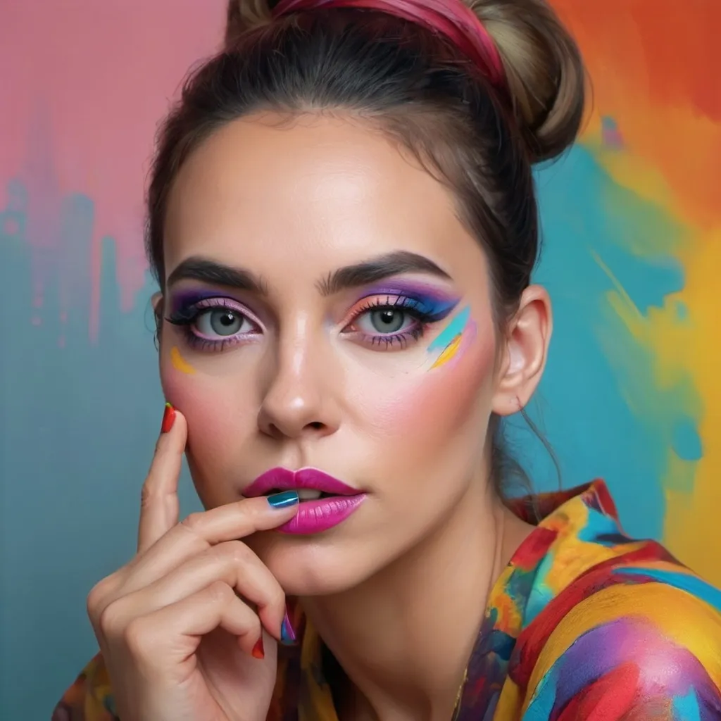 Prompt: a woman with bright makeup and colorful makeup looks at the camera with her hand on her chin and her hand on her chin, artist, visual art, highly detailed digital painting, a photorealistic painting