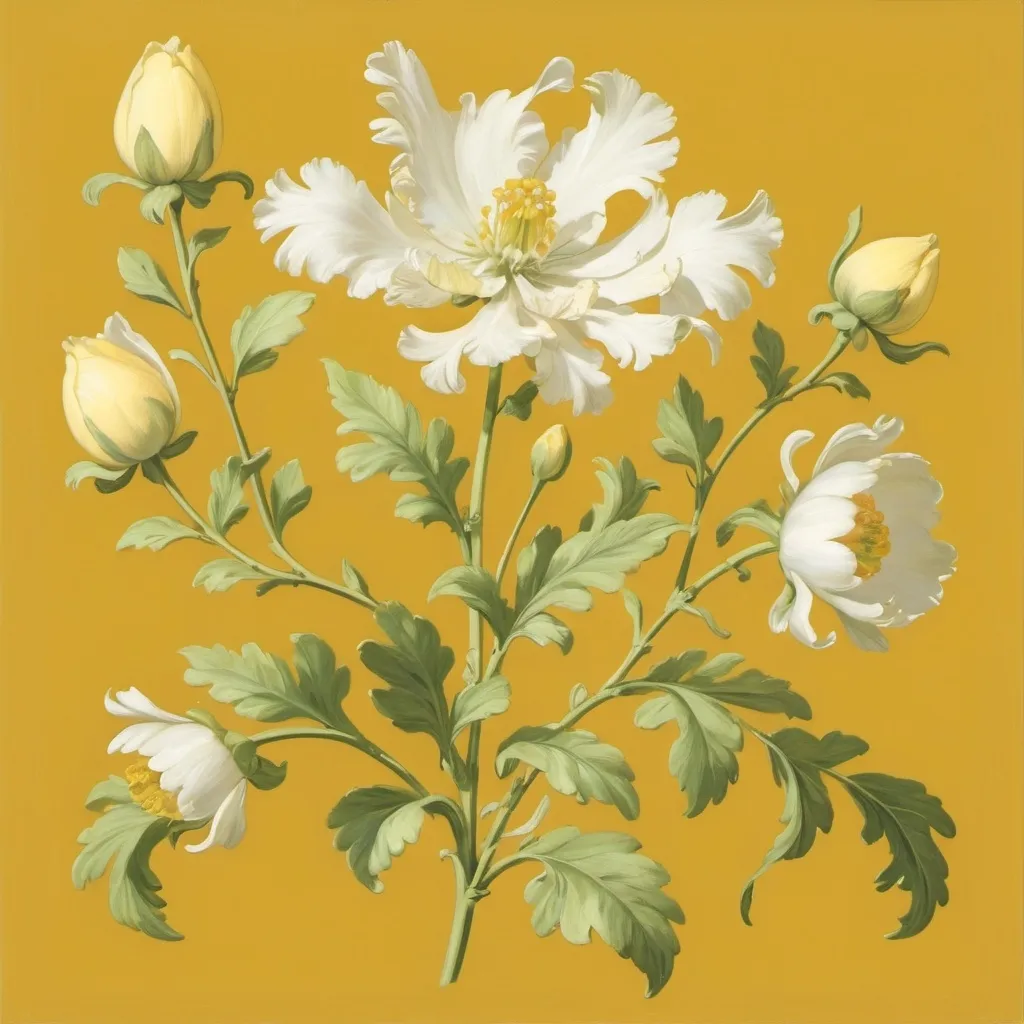 Prompt: a white and yellow flower with green leaves on a yellow background with a yellow background and a white and yellow flower, Annabel Kidston, rococo, artgem, a flemish Baroque