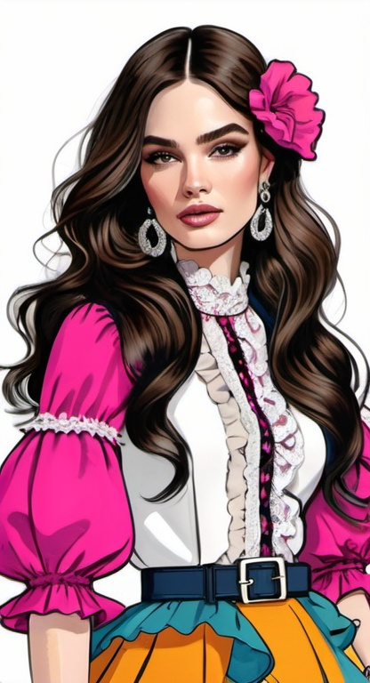 Prompt: professional fashion illustration portrait, feminine streetwear boho outfit, grunge rococo meets classic glam, refined, bright vivid contrasting colors, long hair, ruffles, lace, puff sleeves, captivating silhouette