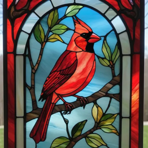Prompt: Stained glass red cardinal sitting on a branch