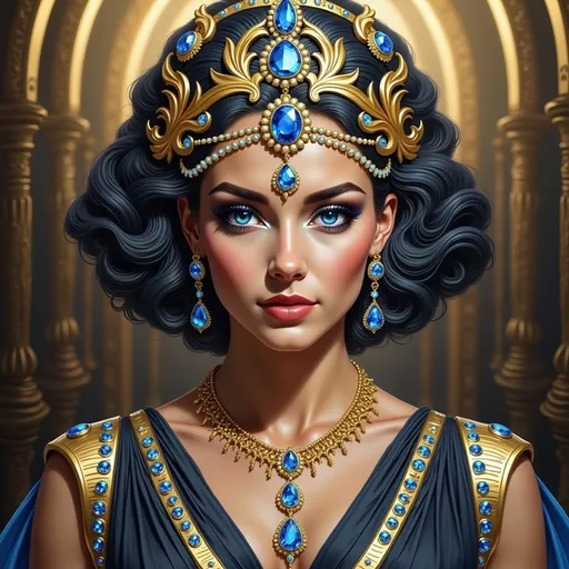 Prompt: An Egyptian princess with black hair in a blue dress with a gold headpiece and blue jewels and a gold necklace, Anne Stokes, fantasy art, affinity photo, egyptian art