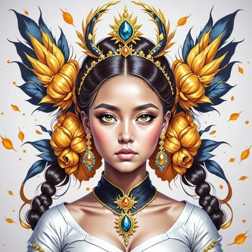 Prompt: Beautiful  hybrid woman with orange flowers sprouting from her, oil painting, detailed fiery eyes, ethereal glow, dark and mysterious, high quality, vibrant colors, surreal, haunting, intricate floral details, intense gaze, mystical atmosphere, oil painting, demon, hybrid, fiery eyes, ethereal, vibrant colors, surreal, haunting, floral details, intense gaze, mystical atmosphere