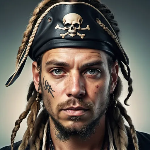 Prompt: a man with dreadlocks , a facial tattoo and a braided beard wearing a pirate hat on his head is looking at the camera with a serious look on his face, Alberto Seveso, photorealism, highly detailed digital painting, a character portrait