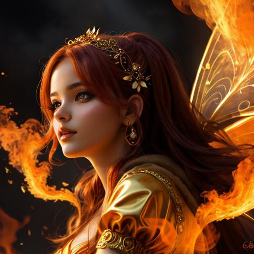 Prompt: fairy goddess, warm colors, fiery background, closeup
