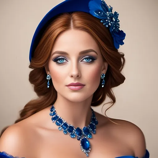 Prompt: <mymodel>Beautiful woman with blue eyes & Auburn hair, blue jewelry, intricate oval face, elegant & elaborate blue formal dress with velvet and lace detailing, blue milliner's hat, fair skin, upturned nose, full bosomy figure, blue high heels, sitting for a portrait, 8k, realistic, elegant, detailed, formal attire, intricate jewelry, portrait sitting, blue color scheme, fair complexion, exquisite hair, high-quality lighting