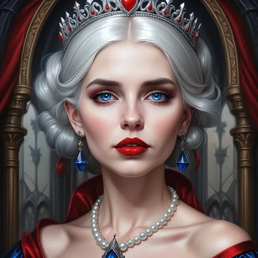 Prompt: a woman with  white hair, blue eyes, red lips, a tiara and pearls on her head and a red lip and a blue dress with a red and white collar, Anne Stokes, gothic art, highly detailed digital painting, a detailed painting