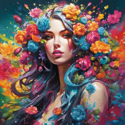 Prompt: Flower Siren graffiti art, splash art, street art, spray paint, oil gouache melting, acrylic, high contrast, colorful polychromatic, ultra detailed, ultra quality, CGSociety