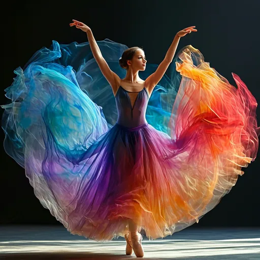 Prompt: A stunning digital artwork depicting a graceful ballerina in mid-pose, captured at the peak of her movement. She wears a magnificent, flowing dress that appears to be made of swirling, colourful smoke or liquid, creating a dynamic and ethereal effect. The dress transitions through a spectrum of vibrant colours, from deep purples and blues to fiery reds, oranges, and yellows, which seem to trail behind her as she dances. Her poised stance and the fluidity of her attire convey a sense of elegance and motion, with the dark background further emphasizing the bright, explosive colours of the dress. The image beautifully captures the essence of ballet combined with a surreal, almost magical atmosphere.