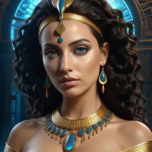 Prompt: HD 4k 3D 8k professional modeling photo hyper realistic beautiful woman Egyptian Princess ethereal greek goddess Amunet, primordial cosmic goddess, full body surrounded by ambient glow, Egyptian afterlife, enchanted, magical, highly detailed, intricate, highly realistic woman, high fantasy background, elegant, mythical, surreal lighting, majestic, goddesslike aura, Annie Leibovitz style