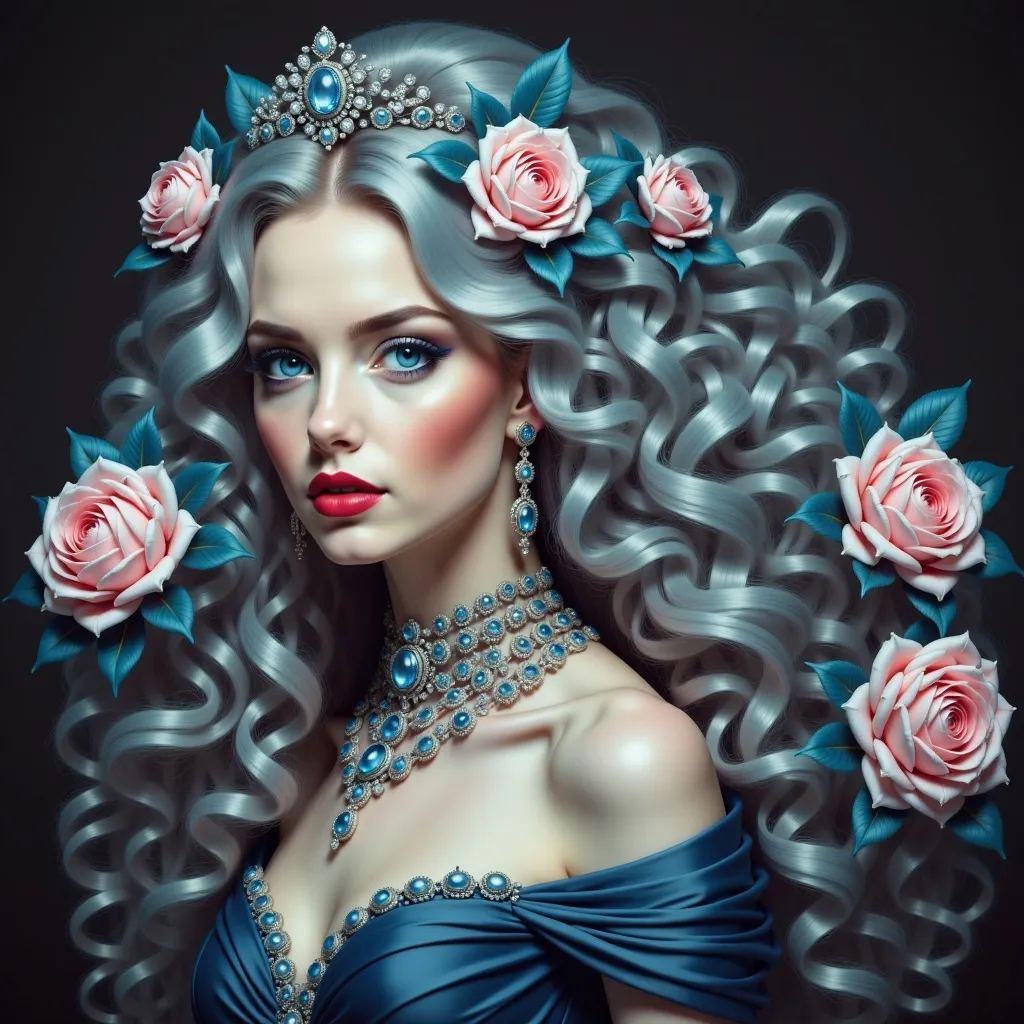 Prompt: a beautiful woman with long hair wearing a tiara and a necklace with roses on it, in a blue dress, Anna Dittmann, fantasy art, highly detailed digital painting, a detailed painting