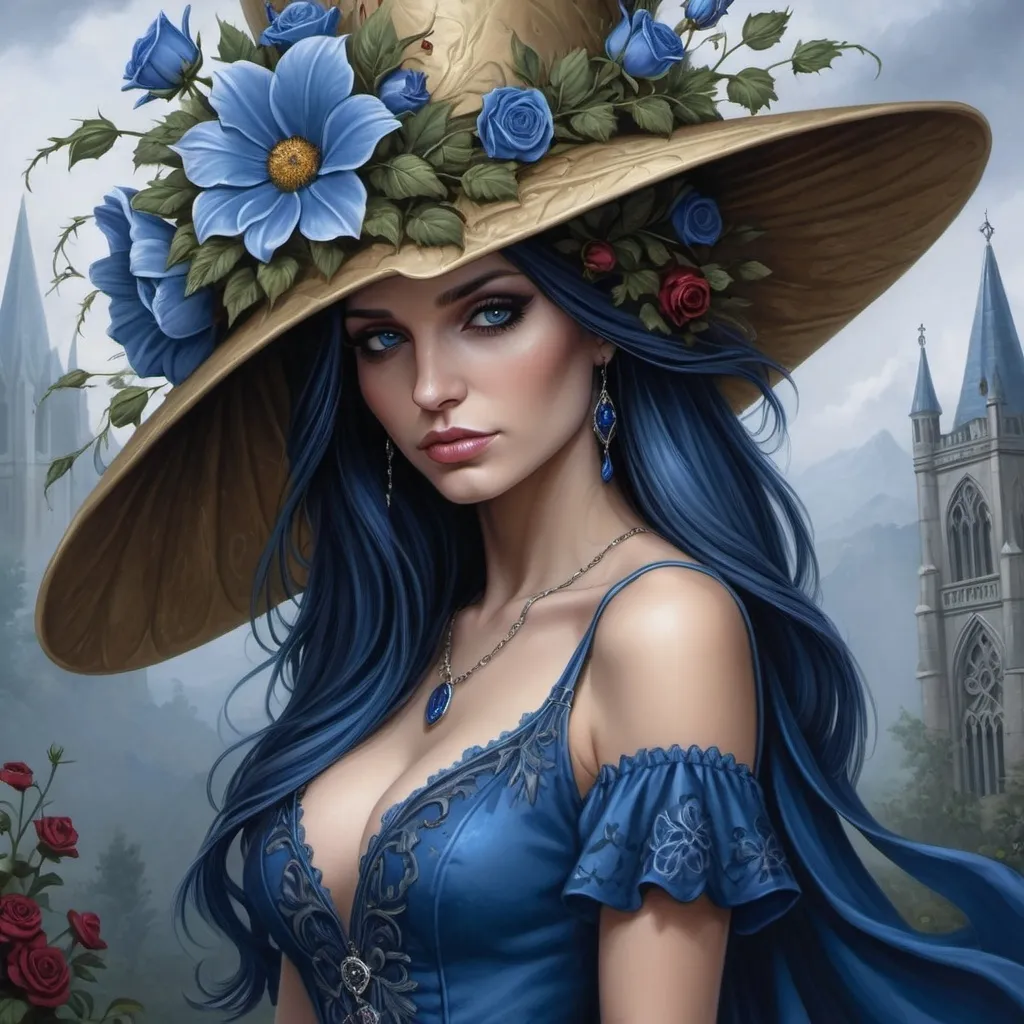 Prompt: a painting of a woman wearing a blue hat with flowers on it's head and a blue dress, Anne Stokes, gothic art, highly detailed digital painting, a detailed painting