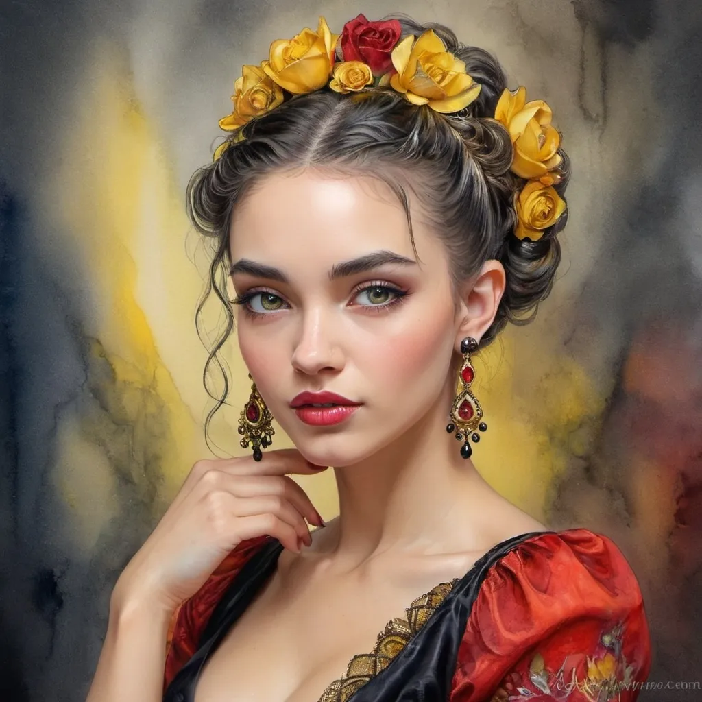 Prompt: <mymodel> beautiful woman, hair pinned up, yellow red black dress, earrings, Watercolor, trending on artstation, sharp focus, studio photo, intricate details, highly detailed, by  Josephine Wall and Jasmine Becket-Griffith