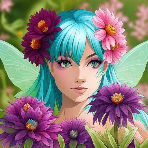 Prompt: a fairy of spring, ,wildflowers, vivid colors,  facial closeup