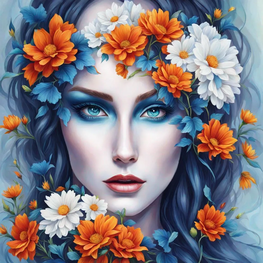 Prompt: blue stone woman covered with flowers, fiery eyes
