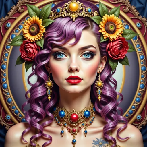 Prompt: a painting of a woman with a sunflower in her hair and a purple dress, Anne Stokes, gothic art, highly detailed digital painting, a pop art painting