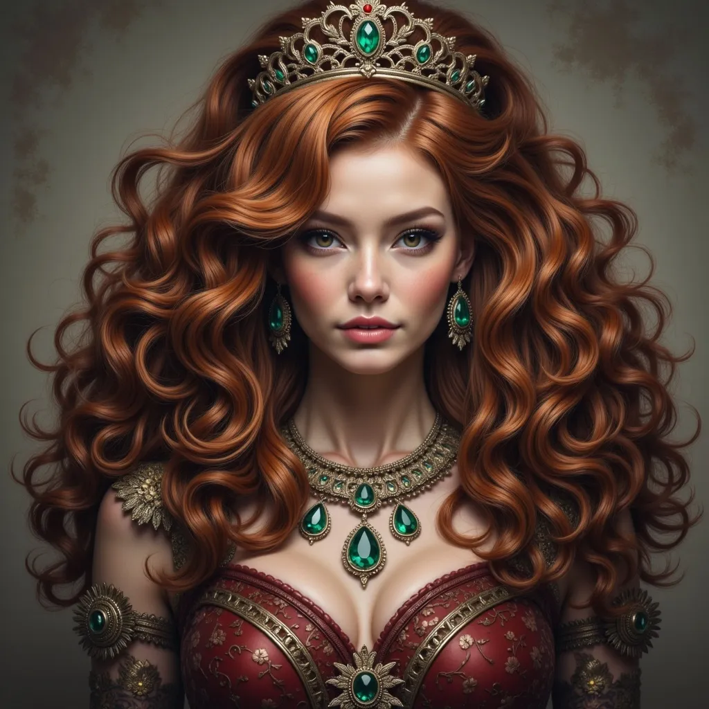 Prompt: a painting of a woman with red hair wearing a tiara and a necklace with emeralds on it, Charlie Bowater, gothic art, cgstudio, a character portrait