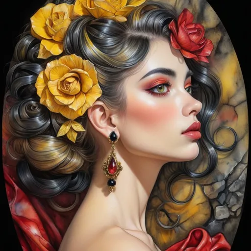 Prompt: <mymodel> beautiful woman, hair pinned up, yellow red black dress, earrings, Watercolor, trending on artstation, sharp focus, studio photo, intricate details, highly detailed, by  Josephine Wall and Jasmine Becket-Griffith