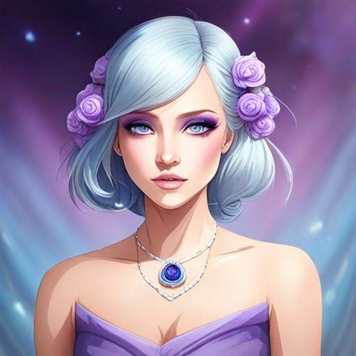 Prompt: A beautiful woman, white hair with pastel purple highlights, violet eyes, blue eyeshadow, pastel blue roses in her hair, blue jewels on forehead, cartoon style