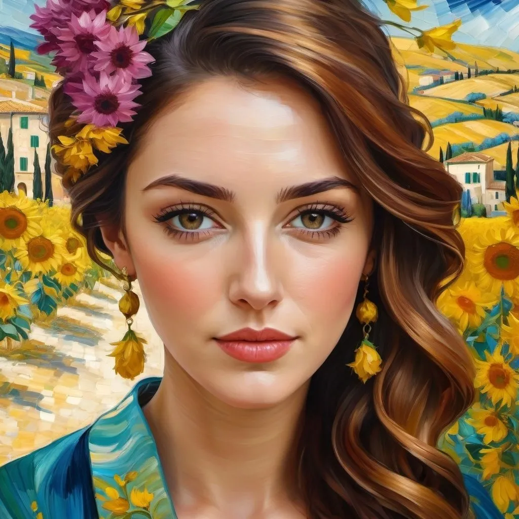 Prompt: <mymodel>Beautiful italian lady in an beautiful landscape of Umbrië, Style Flora Bowley and Vincent van Gogh,8k, dynamic lighting, ultra detailed