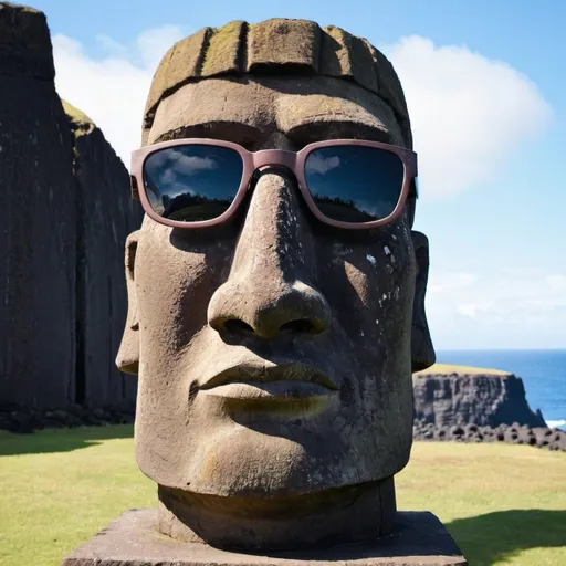 Prompt:  Easter Island head statue wearing sunglasses