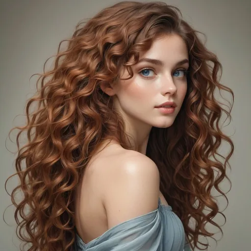 Prompt: With cascading, voluminous curls framing her face, a young woman emanates an ethereal beauty, her striking features drawing immediate attention. The warm tones of her rich, auburn hair contrast beautifully against the soft, neutral background, enhancing her delicate complexion. She gazes over her shoulder with an enigmatic expression, her large blue eyes reflecting a sense of depth and emotion. Wearing a gracefully draped, light blue garment that artfully slips off one shoulder, she blends elegance with a sense of casual allure. The overall composition is both intimate and captivating, evoking a serene and dreamlike atmosphere.