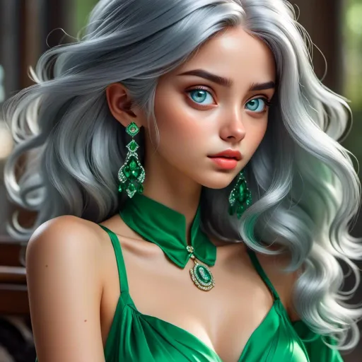 Prompt: <mymodel>Detailed illustration of a asian woman in vibrant green attire, large vivid green eyes, elegant makeup, digital painting, high resolution, realistic style, vibrant green, professional lighting