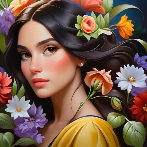 Prompt: Exquisitely beautiful woman with dark hair surrounded by flowers, oil painting, vibrant floral arrangement, high quality, realistic, romantic, soft lighting, detailed hair, elegant, classic, traditional, colorful flowers, serene atmosphere