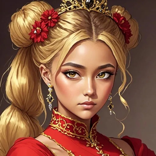 Prompt: <mymodel>A  princess with a blonde hair in a bun,  in red dress , in her late teens, big pretty eyes.