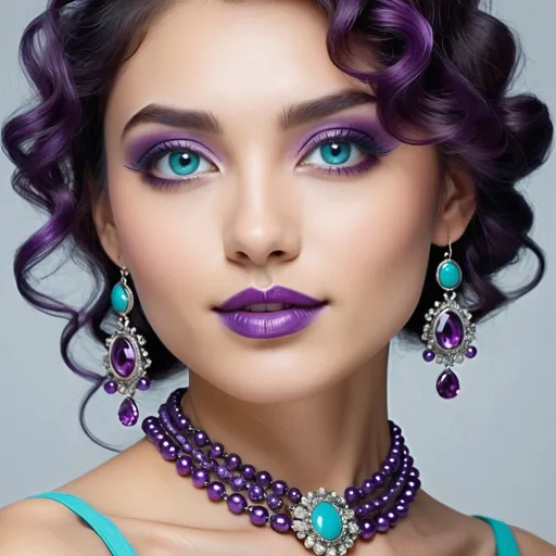 Prompt: <mymodel>An extremely gorgeous woman,  with turquoise jewels, in color scheme of purple, long curly hair