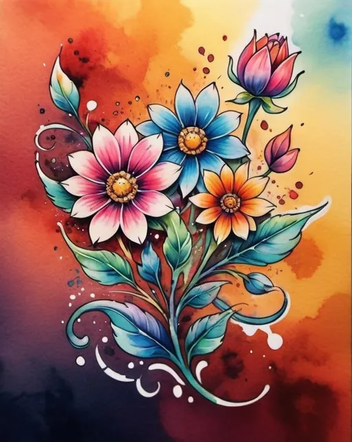 Prompt: Colorful flower tattoo, watercolor style, vibrant petals, intricate details, high quality, vibrant colors, floral design, professional tattoo art, artistic, beautiful, realistic, watercolor, detailed, highres, vibrant, intricate details, floral, professional, colorful, vibrant colors, watercolor style, artistic