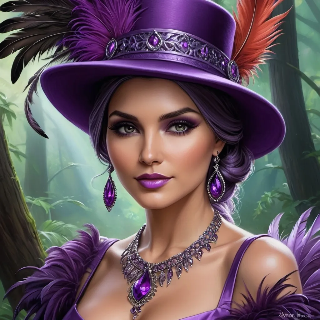 Prompt: a painting of a woman wearing a purple hat with feathers on it's brim and a purple dress, Anne Stokes, fantasy art, highly detailed digital painting, a detailed painting