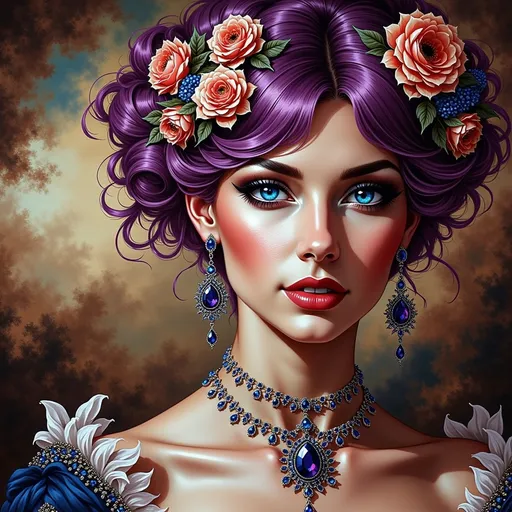 Prompt: (gothic art), highly detailed digital painting, a woman with vibrant purple hair intricately decorated with (delicate flowers), wearing an elegant necklace and matching earrings, expressing a mysterious allure, soft dramatic lighting enhancing the features, richly textured background creating an ethereal environment, (Charlie Bowater) inspiration, vivid colors, ultra-detailed.