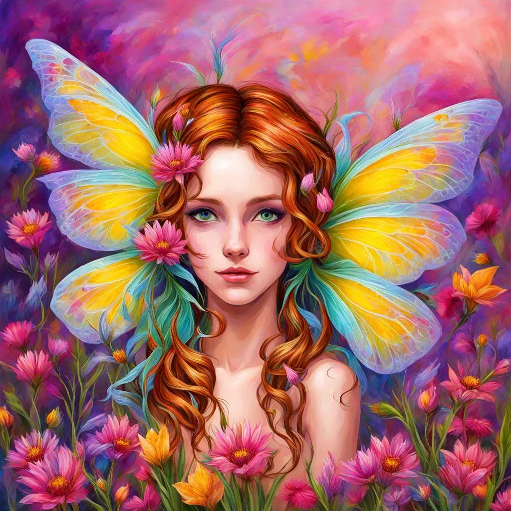 Prompt: a fairy of spring, ,wildflowers, vivid colors,  facial closeup