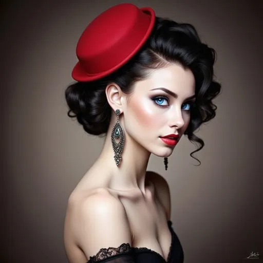 Prompt: With a striking profile that evokes a classic, glamorous era, a woman with dark, voluminous curls stands poised against a soft, neutral background. Her sultry makeup features bold, red lips and dramatic eyeliner, enhancing her piercing gaze. Adorning her head is a chic red hat that adds a playful yet sophisticated touch to her overall look, while large, ornate earrings cascade down, reflecting a sense of elegance. The soft lighting accentuates her flawless skin and the intricate details of her ensemble, creating an alluring and timeless atmosphere, reminiscent of vintage fashion photography. The scene captures a mood of confidence and sophistication, inviting admiration and intrigue.