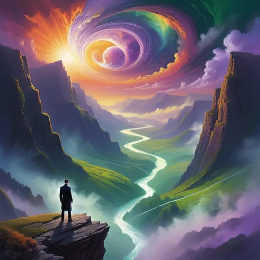 Prompt: Standing on a rugged cliff, a lone figure in a dark suit gazes across a breathtaking landscape where deep green mountains erupt from swirling mists. A majestic river winds its way through the valley, glistening beneath a celestial sky painted with vibrant colors, including purples and golds that hint at a distant sun rising or setting. Above, a massive, surreal planet looms, surrounded by fluffy clouds and a radiant cosmic light, casting an ethereal glow over the scene. The overall composition creates a sense of wonder and grandeur, evoking themes of exploration and the infinite possibilities of a vast universe. The harmonious blend of natural beauty and cosmic elements creates a dreamlike atmosphere, inviting contemplation and awe.