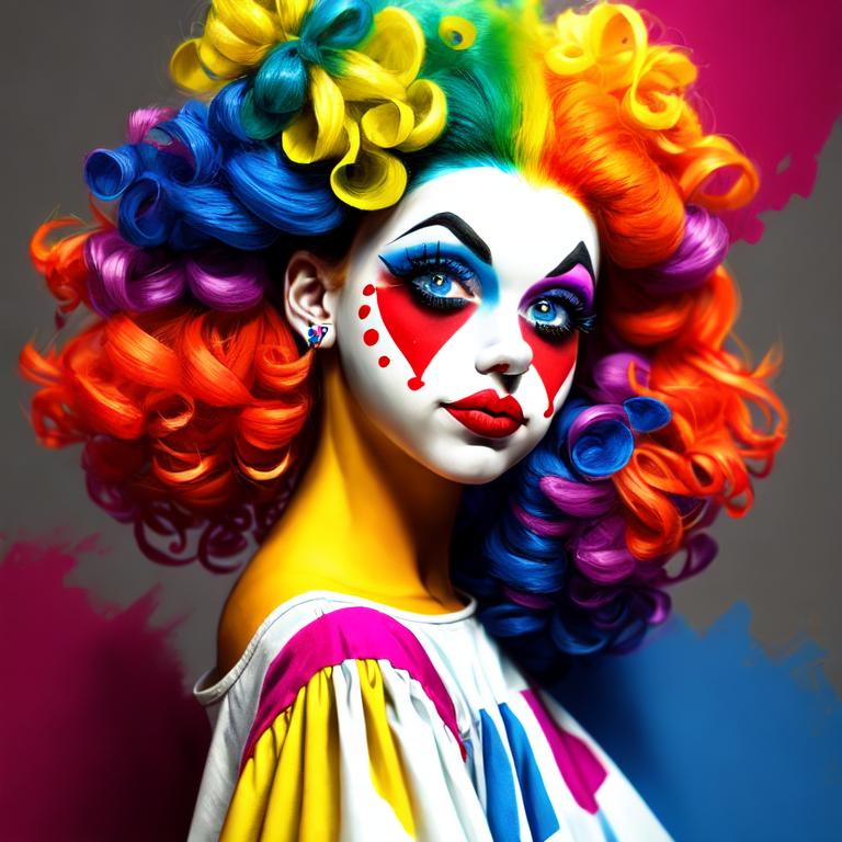 Prompt: Primary color clown, cute makeup, high quality, cartoon, bright colors, detailed features, playful expression, professional lighting