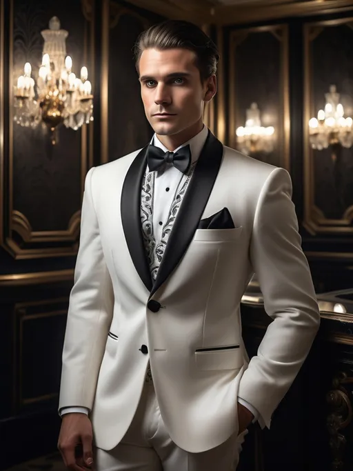 Prompt: In an opulent, dimly lit setting, a strikingly handsome man stands poised, exuding an air of sophistication and confidence. Dressed in a pristine white tuxedo with a sleek black shawl lapel and a matching bow tie, he displays a refined elegance, accentuated by an intricately patterned tie adorned beneath his collar. The richly decorated backdrop features ornate golden mirrors and glittering chandeliers that cascade light, adding a touch of glamour to the scene. His strong jawline and intense gaze suggest a narrative of charm and charisma, making him the focal point in this luxurious environment, reminiscent of a glamorous evening affair. The color palette combines deep golds and whites, enhancing the image's overall sense of grandeur and class.