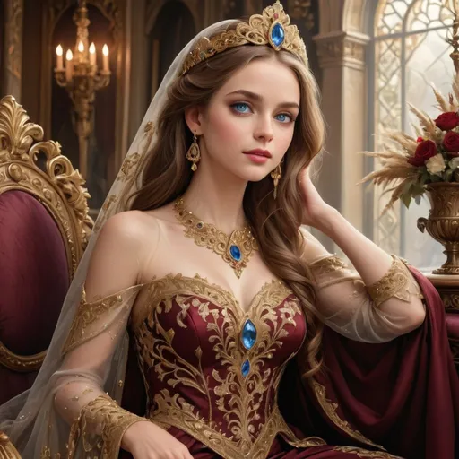 Prompt: With striking blue eyes and an elegant expression, the young woman radiates regal charm, adorned in a luxurious burgundy gown detailed with intricate gold embroidery. Her golden headpiece, accented with jewels, complements the soft, flowing veil that frames her delicate features, enhancing her noble appearance. The setting, likely a grand hall, is illuminated by rich colors and elaborate decor that suggest a historical or fantasy context, evoking a feeling of grace and sophistication. The overall composition draws attention to her serene demeanor, creating an atmosphere that speaks of elegance and timeless beauty. The delicate play of light highlights her flawless skin, conveying both strength and gentleness in her poised demeanor.