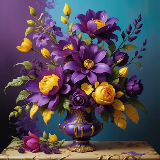 Prompt: <mymodel> purple  and yellow beauty, vivid colors, high contrast, detailed floral arrangement, oil painting, vibrant, realistic, 4k, ultra-detailed, surreal, dynamic lighting, luxurious, botanical, rich textures, modern, decorative, elegant composition