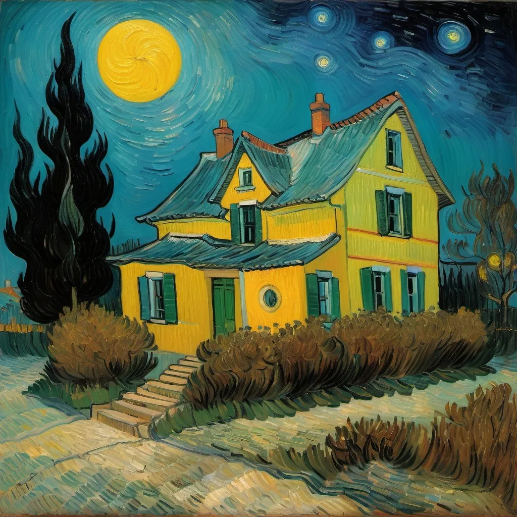 Prompt: Oil Painting of a home with background  by Vincent van Gogh , at night, moonlight, colorful 