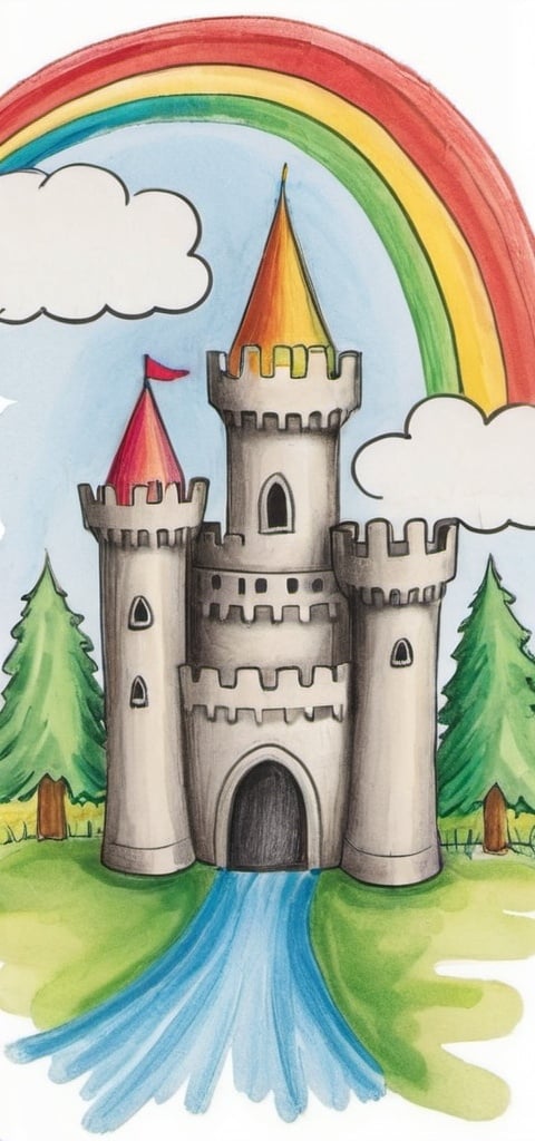 Prompt: a child's drawing of a castle with a rainbow